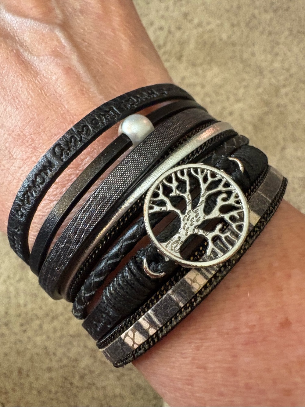 Tree of Life 7-Strand Black Leather Wrap Bracelet | Magnetic Clasp